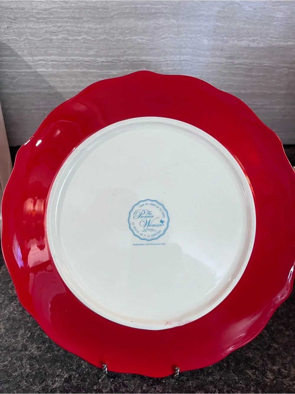 The Pioneer Woman Red Floral Scalloped Dinner Plate with Green and Blue Accents